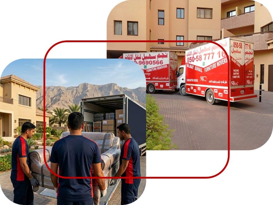 Movers and packers in uae moving team at work and truck aside